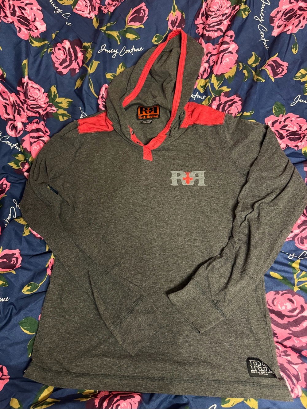 Rock Revival Gray Hoodie with Orange Logo and Red Trim